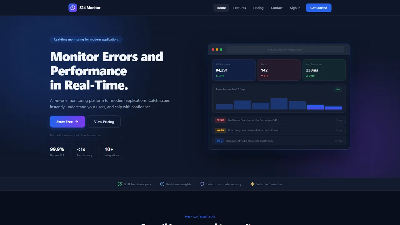S24 Monitor dashboard showing real-time API request counts, error rates, average response time, and a live error-rate chart