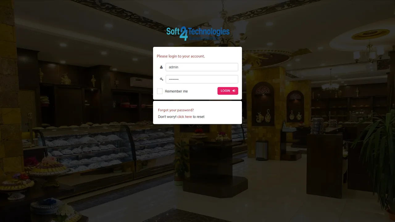 Soft24 POS secure login screen for the cloud-based point-of-sale platform, deployed for a retail storefront